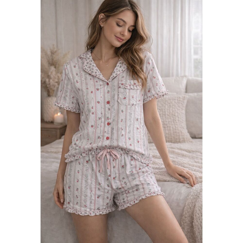 Envogue In Love Strawberry Pajama Set Cottagecore Button Up Shorts Set Size M